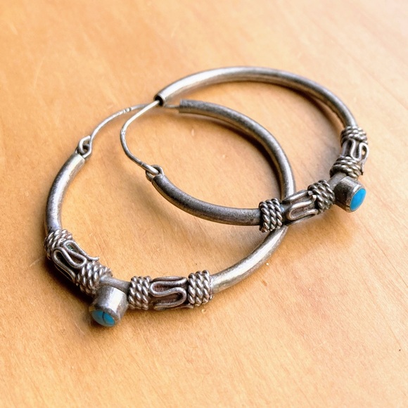 Vintage Large Turquoise Sterling Silver 925 Bali Style Inlay Hoop Post Earrings - Picture 15 of 16